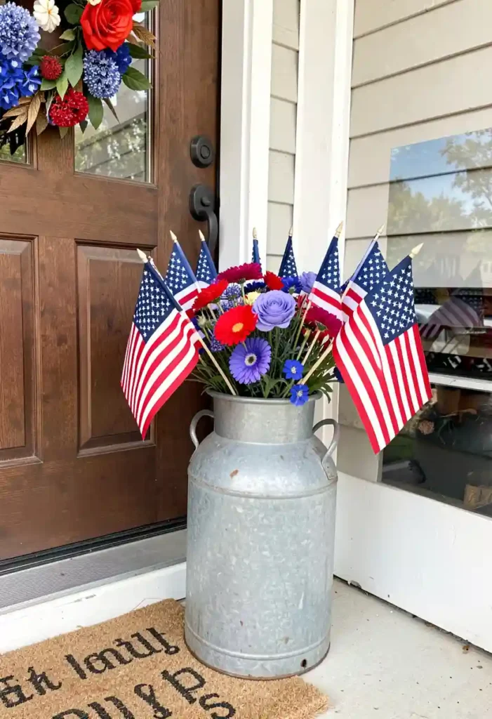 Vintage Milk Can with Flags by the Door
