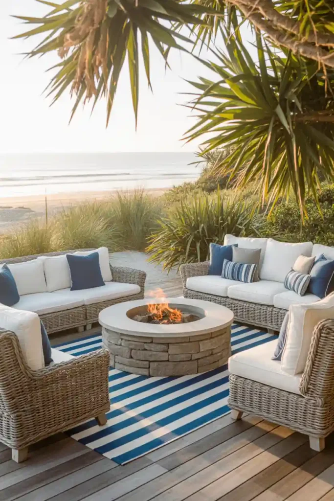 Coastal Style Outdoor Living Room with Fire Pit