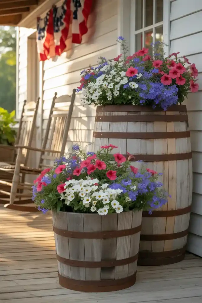 Patriotic Farmhouse Flower Barrels