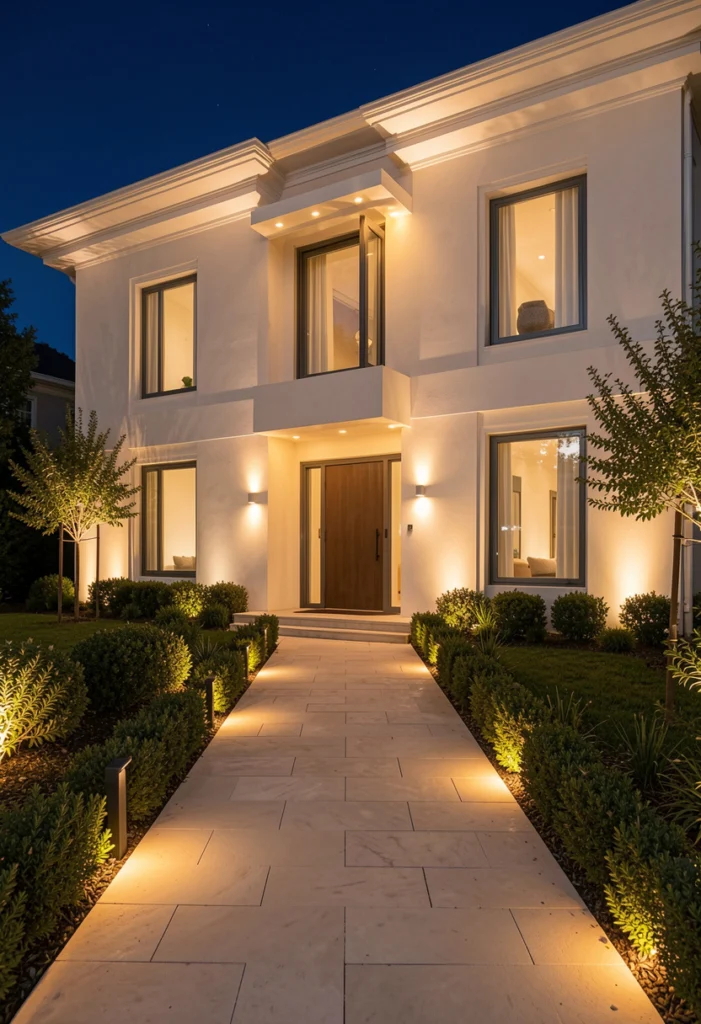 White Exterior with Outdoor Lighting