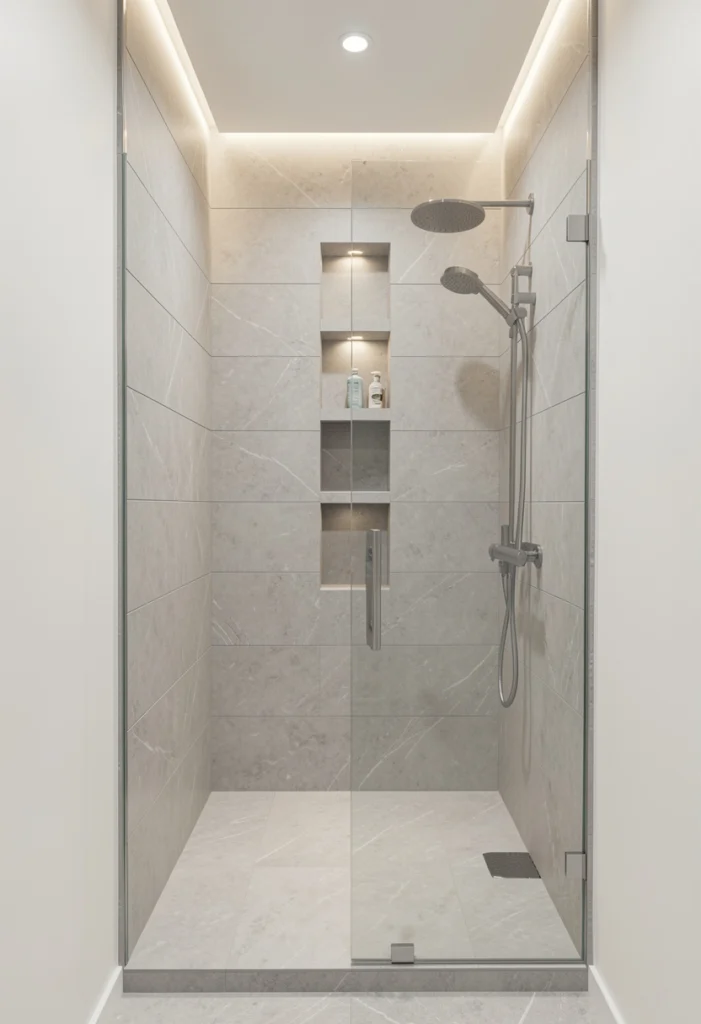 Walk-In Shower with Vertical Storage Niches