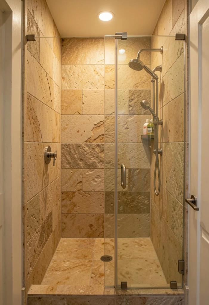 Walk-In Shower with Natural Stone Tiles